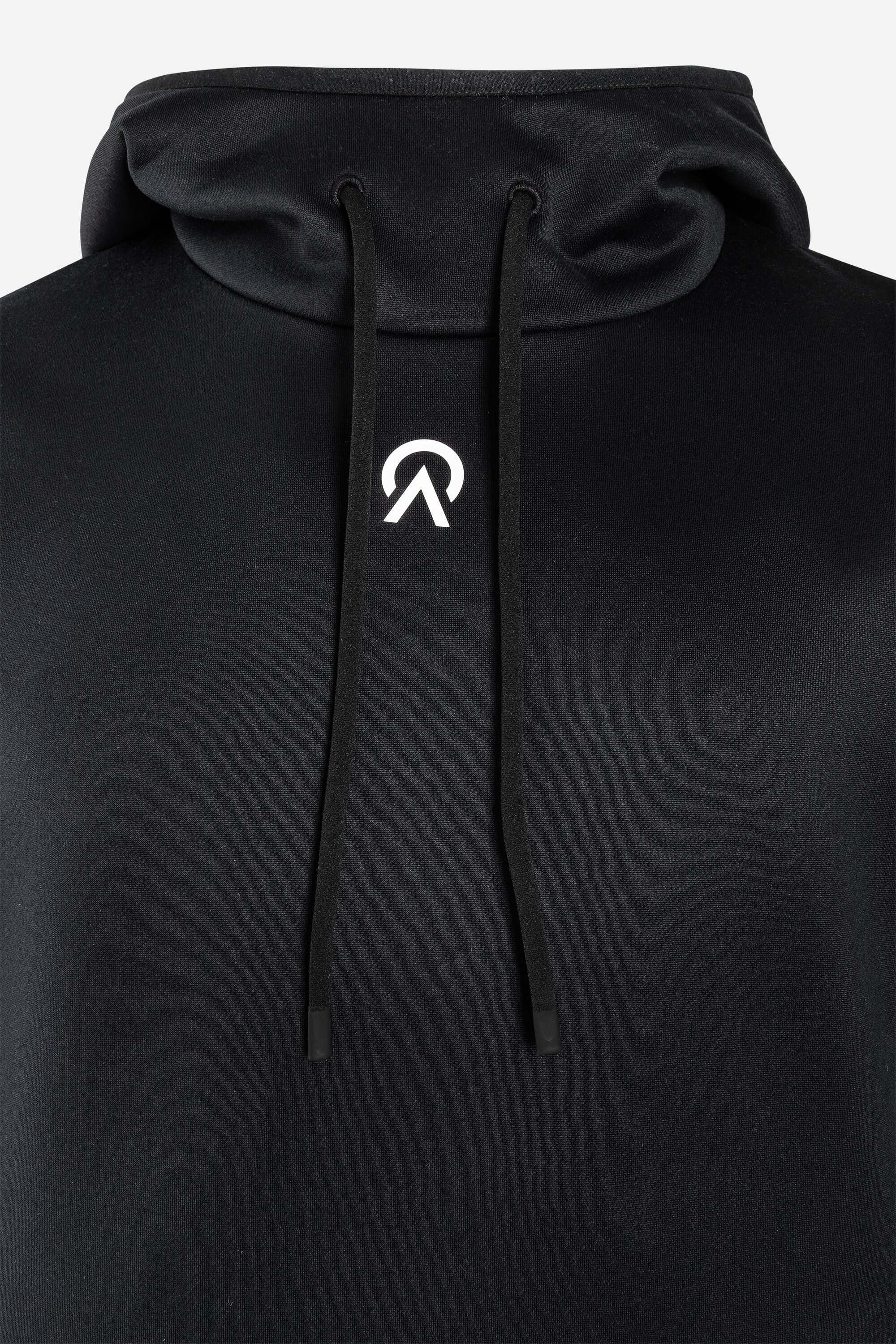 Youth Squad Hoodie featuring a high-cut collar and drawstrings in a sleek black design.