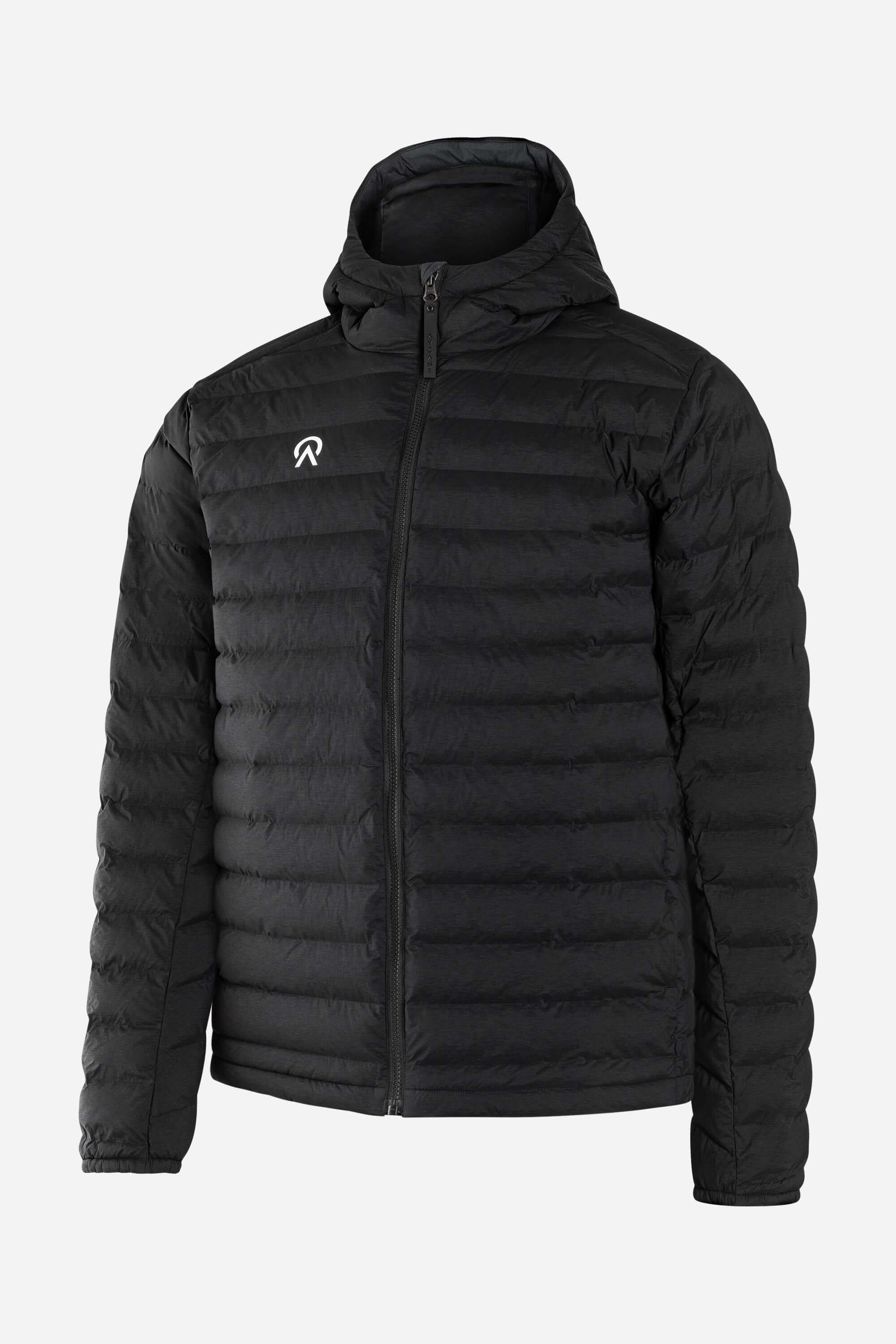 T-Lite Jacket in black, featuring seamless down baffles, a hood, and zippered pockets for warmth and style.