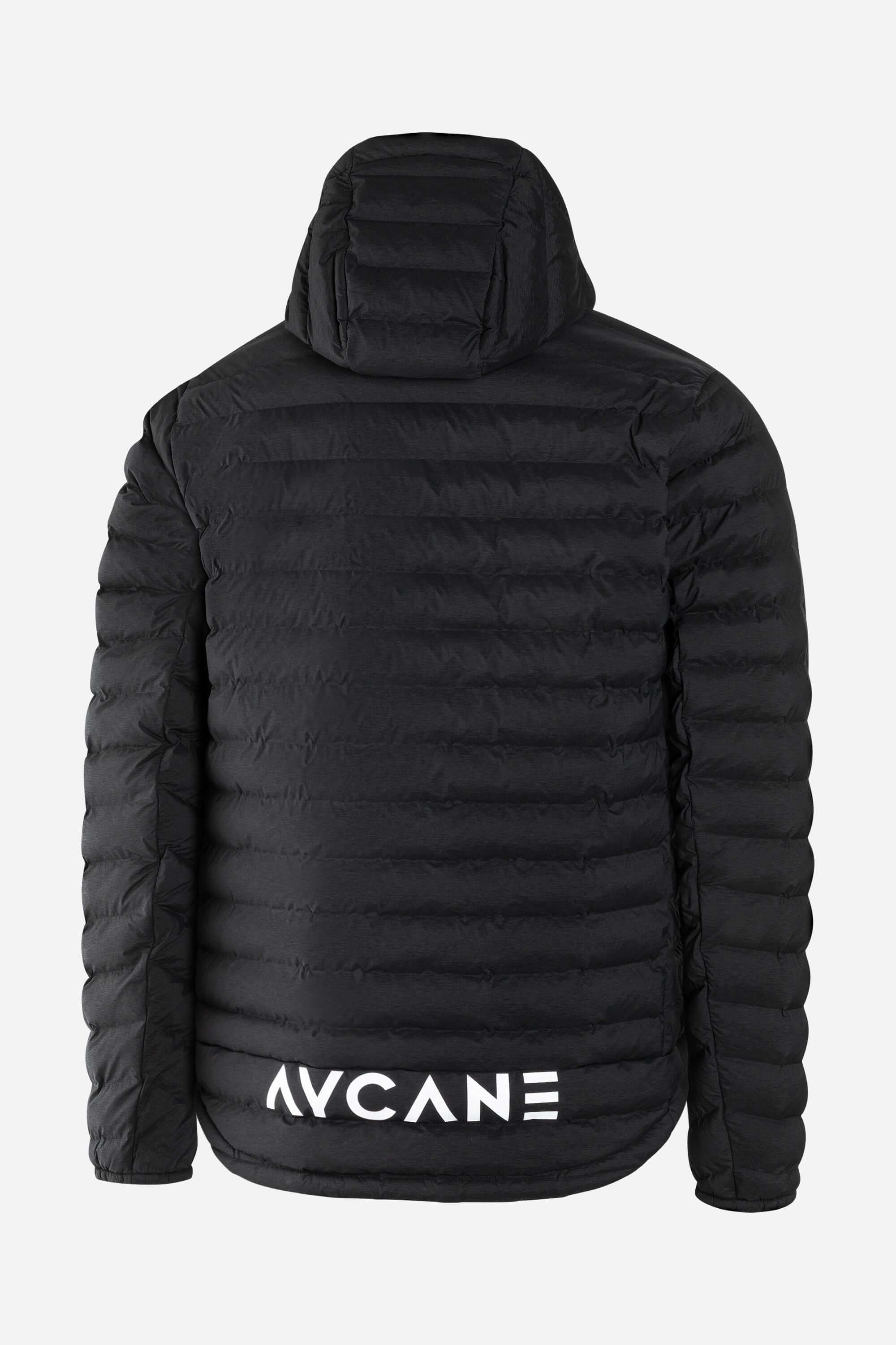 Back view of a black T-Lite Jacket with seamless down baffles and AVICANE branding, designed for warmth without bulk.