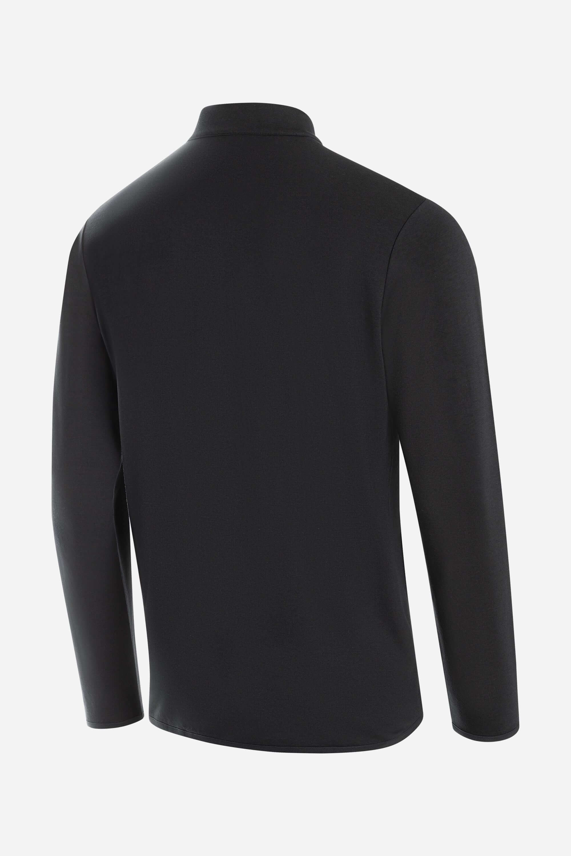 Back view of the Maurize Midlayer, a lightweight black long-sleeve shirt designed for warmth and comfort.