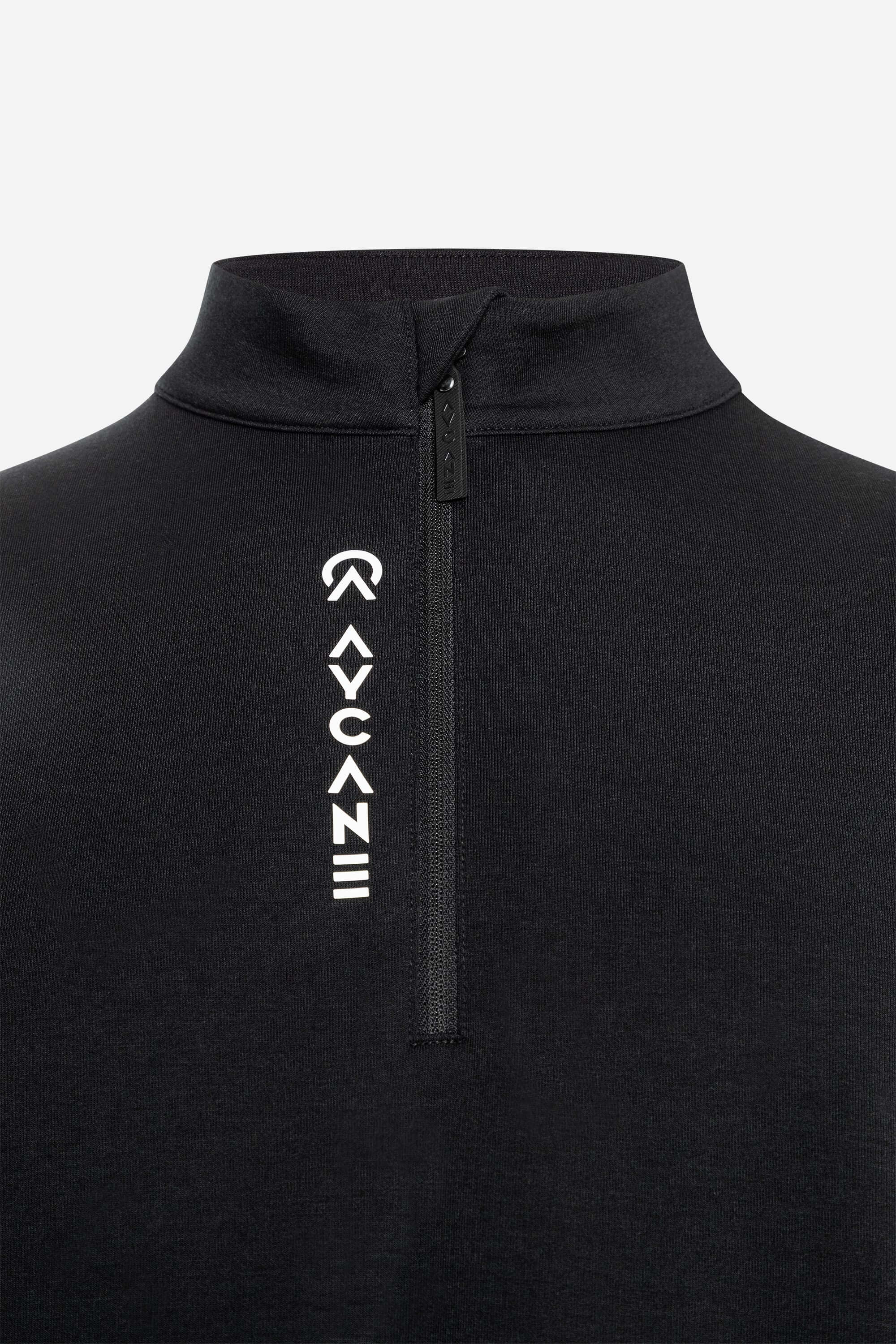 Close-up of black Maurize midlayer featuring a half-zip collar and branded logo for comfortable outdoor wear.