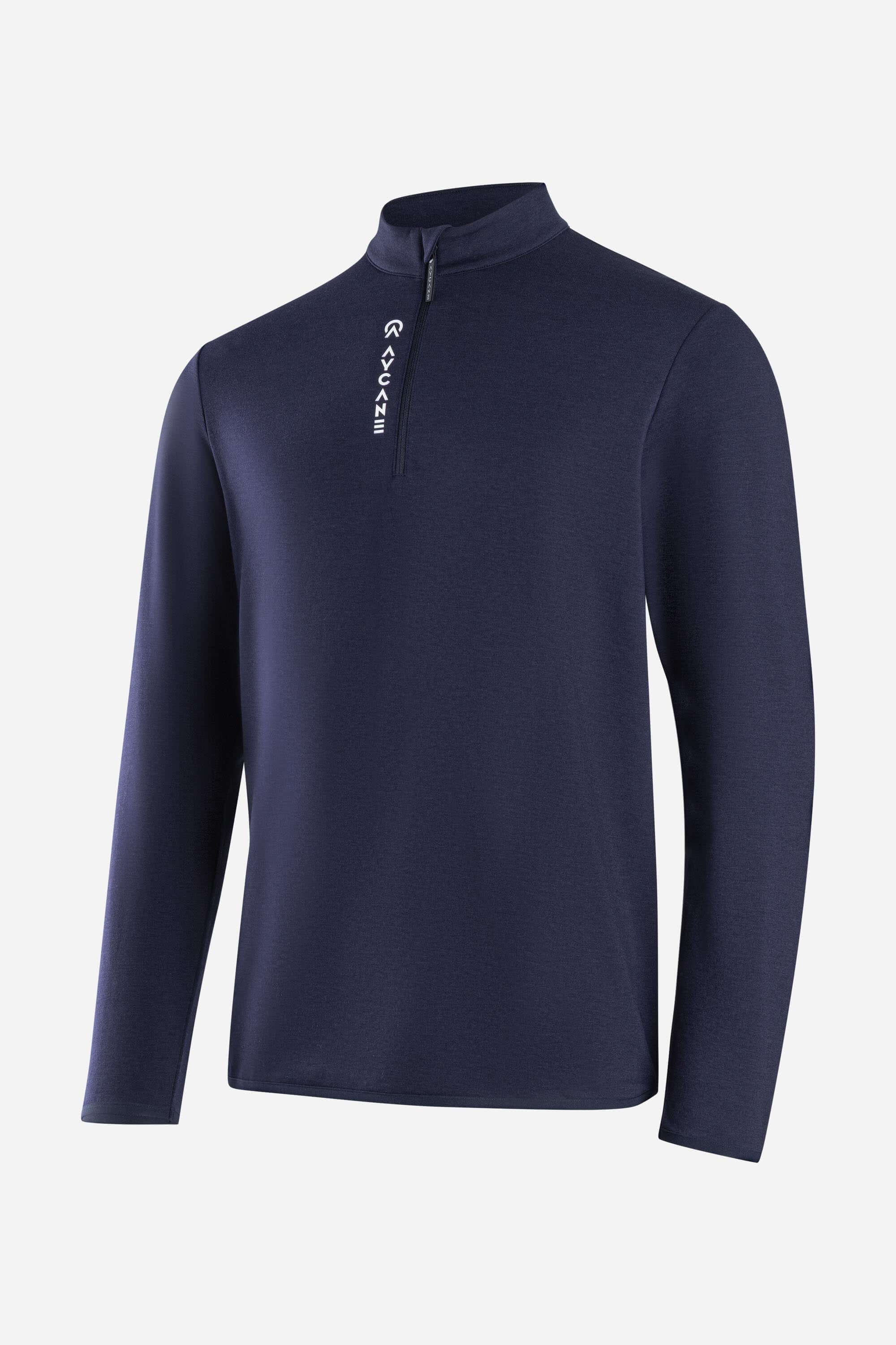 Maurize Midlayer half-zip sweater in navy, designed for warmth and comfort with moisture-wicking and odor control features.