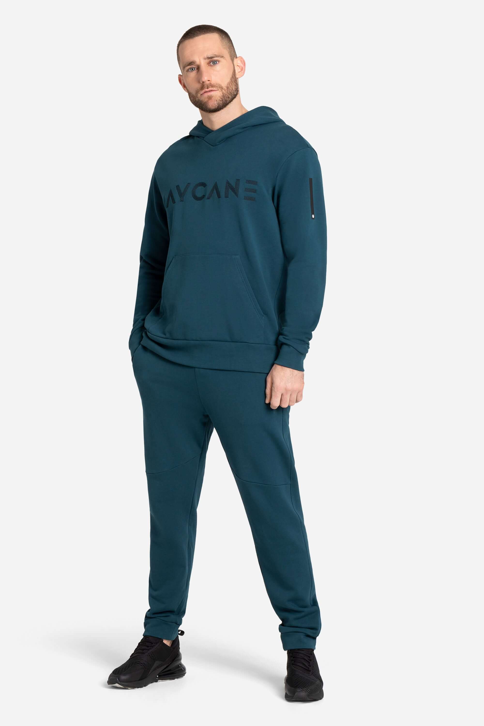 Blue training and leisure hoodie with AYCANE logo in black