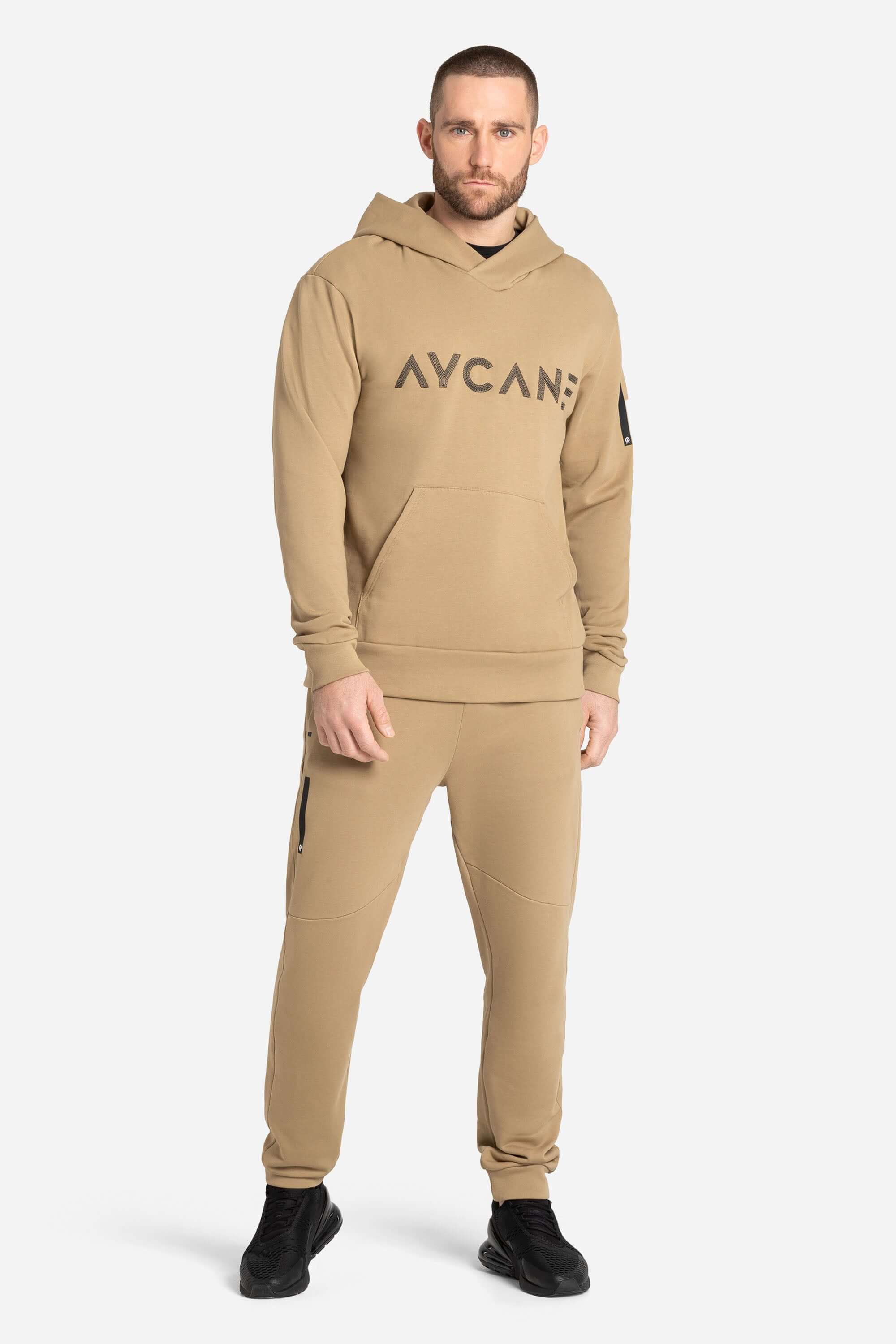 Khaki training and leisure hoodie with AYCANE logo in black