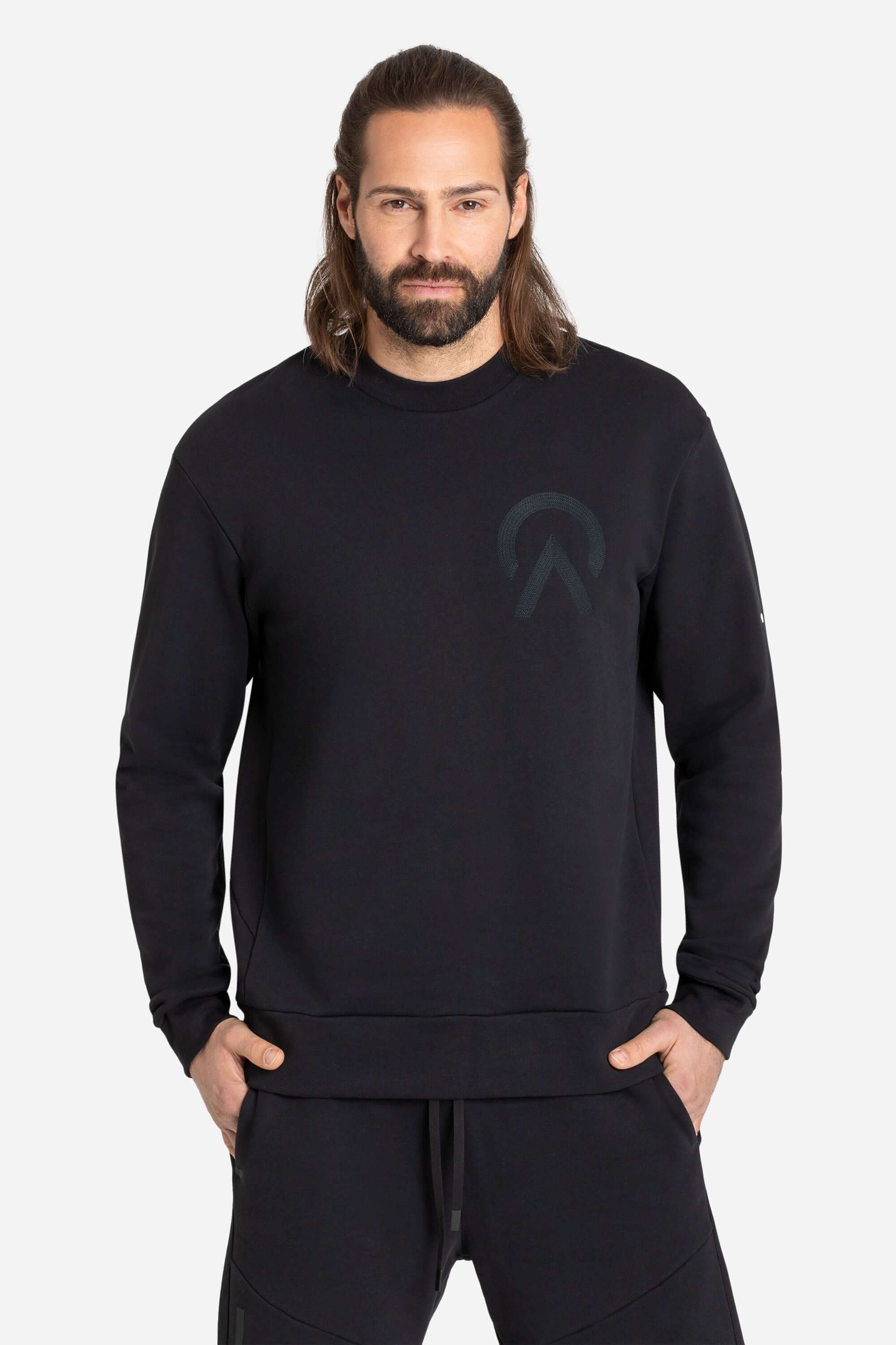 Men with a black AYCANE crewneck pullover and black shorts