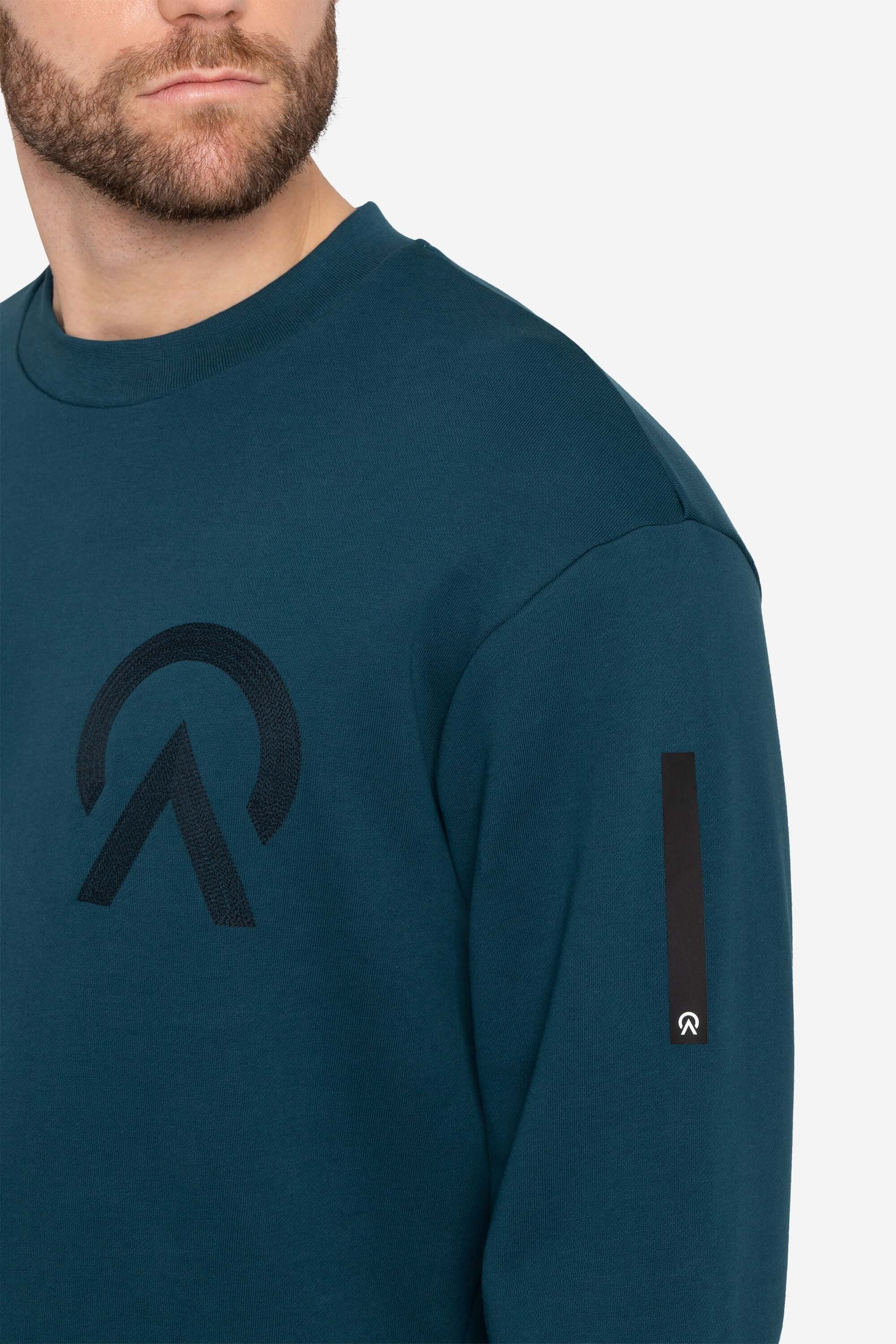 Men with a blue AYCANE crewneck pullover and blue shorts