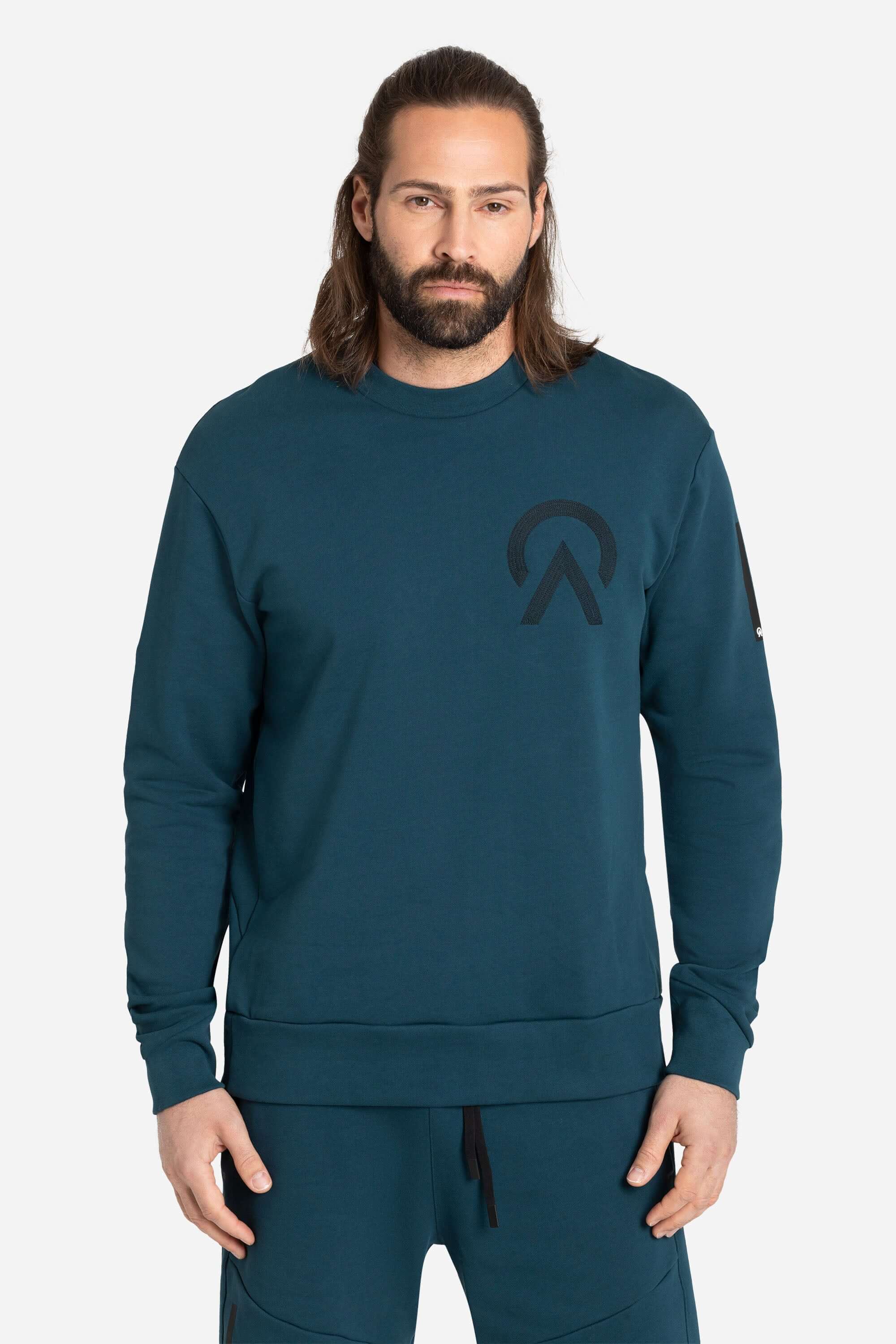 Men with a blue AYCANE crewneck pullover and blue shorts