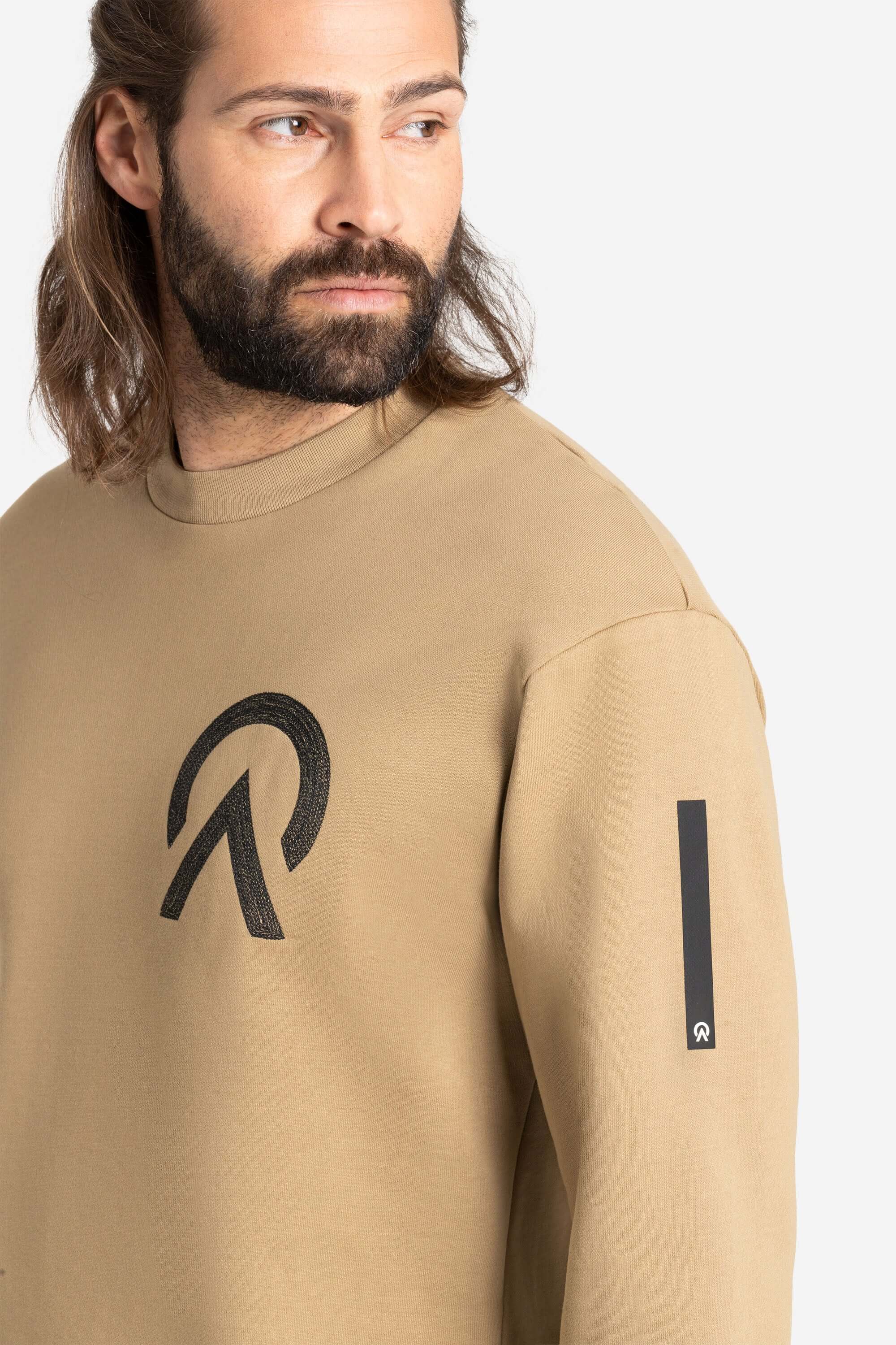 Men with a khaki AYCANE crewneck pullover with black logo and badge