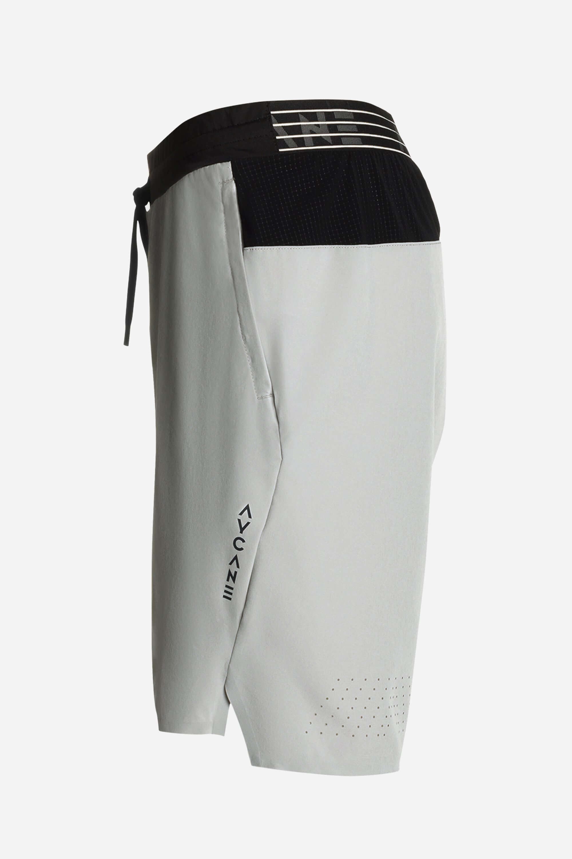 Grey workout shorts with side zips and laser cut holes
