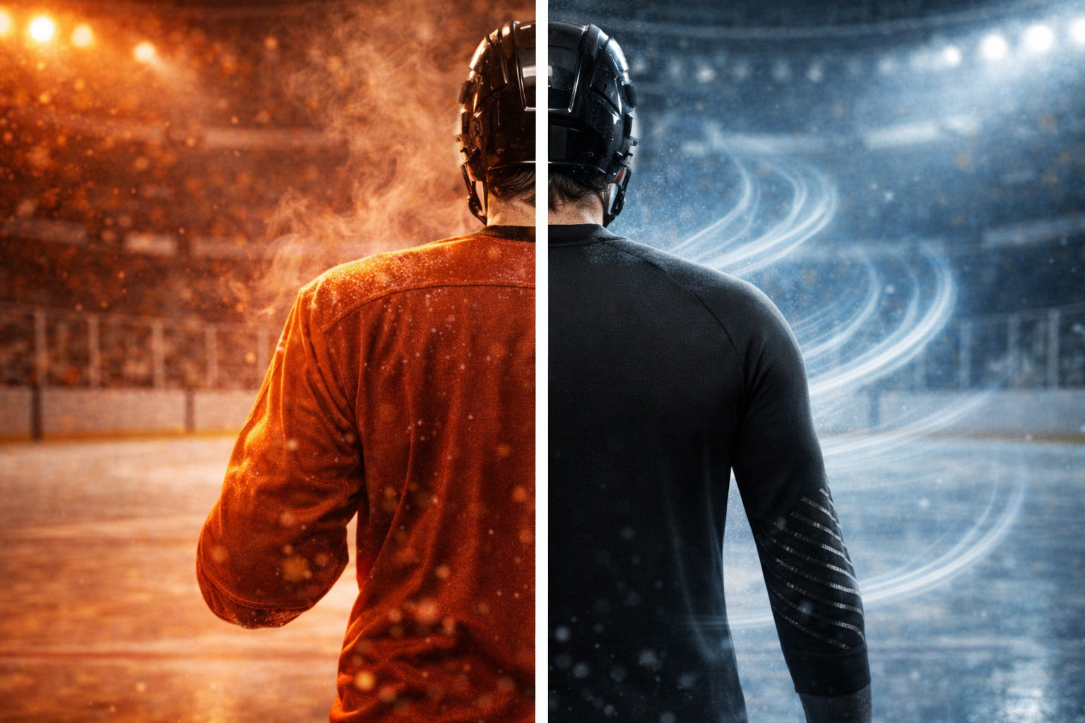 Youth and adult hockey players on an outdoor ice rink at dusk, looking toward the horizon, representing discipline, resilience, and life lessons from hockey.