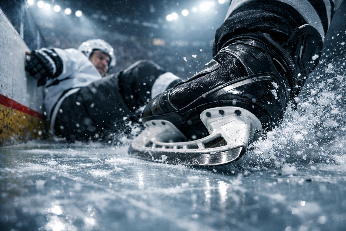 Youth and adult hockey players on an outdoor ice rink at dusk, looking toward the horizon, representing discipline, resilience, and life lessons from hockey.