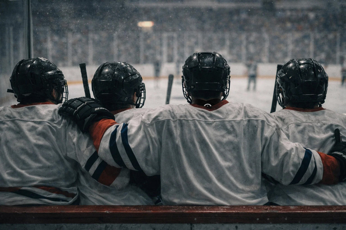 Youth competitive ice hockey players sitting shoulder to shoulder on the bench during an intense game, showing teamwork, focus, and shared struggle beyond winning.