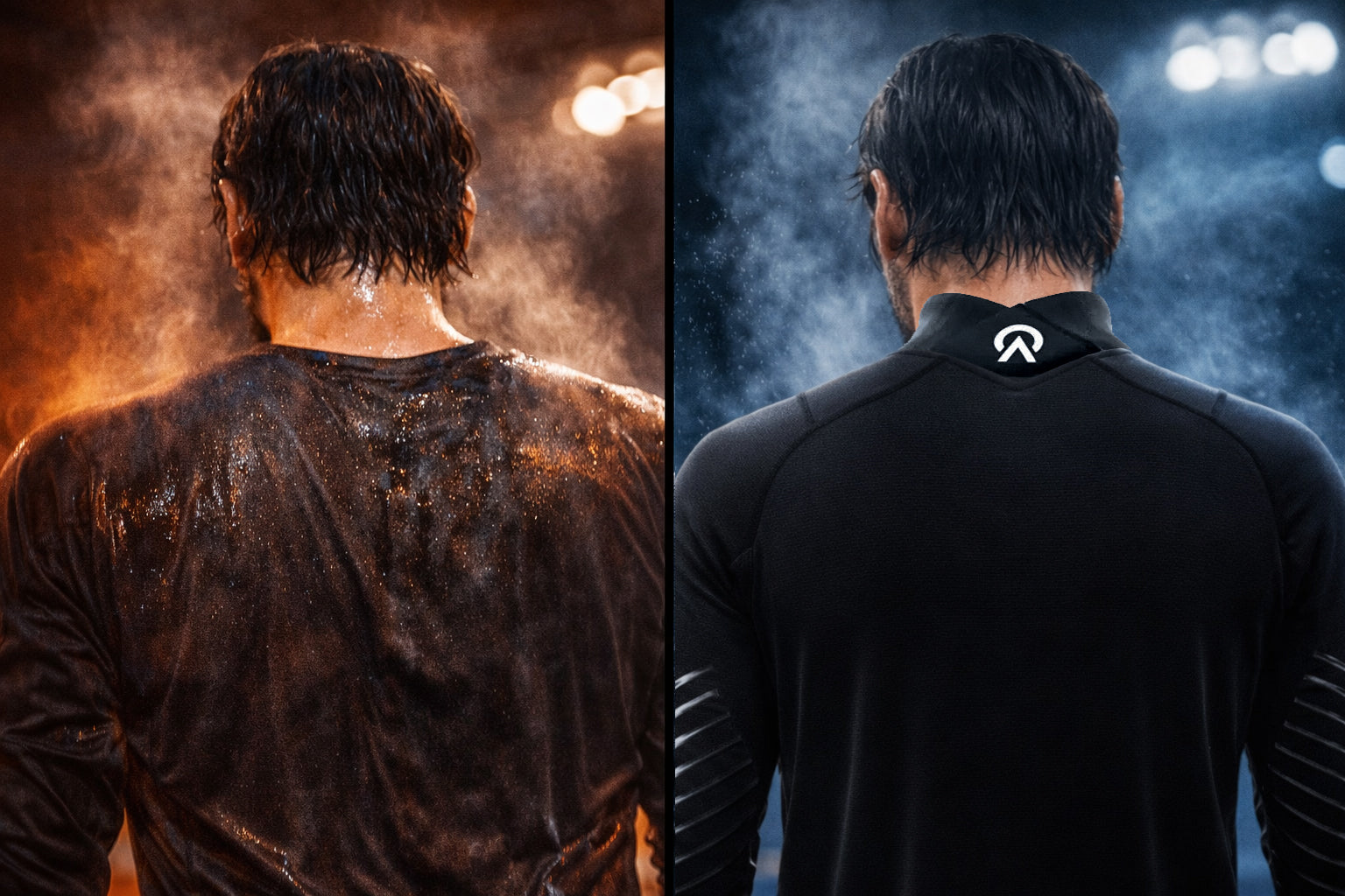 Youth and adult hockey players on an outdoor ice rink at dusk, looking toward the horizon, representing discipline, resilience, and life lessons from hockey.