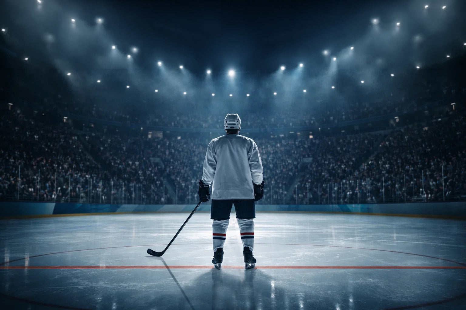 Youth and adult hockey players on an outdoor ice rink at dusk, looking toward the horizon, representing discipline, resilience, and life lessons from hockey.