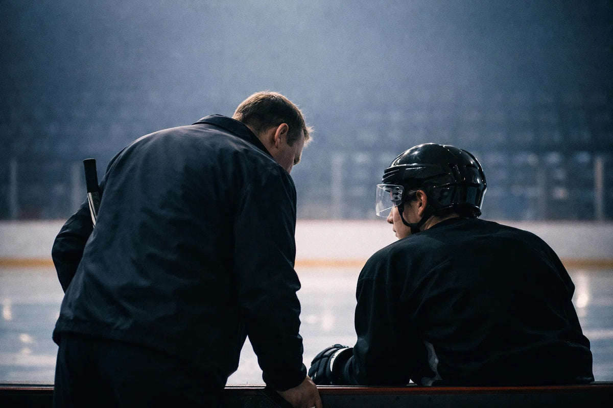 Youth and adult hockey players on an outdoor ice rink at dusk, looking toward the horizon, representing discipline, resilience, and life lessons from hockey.
