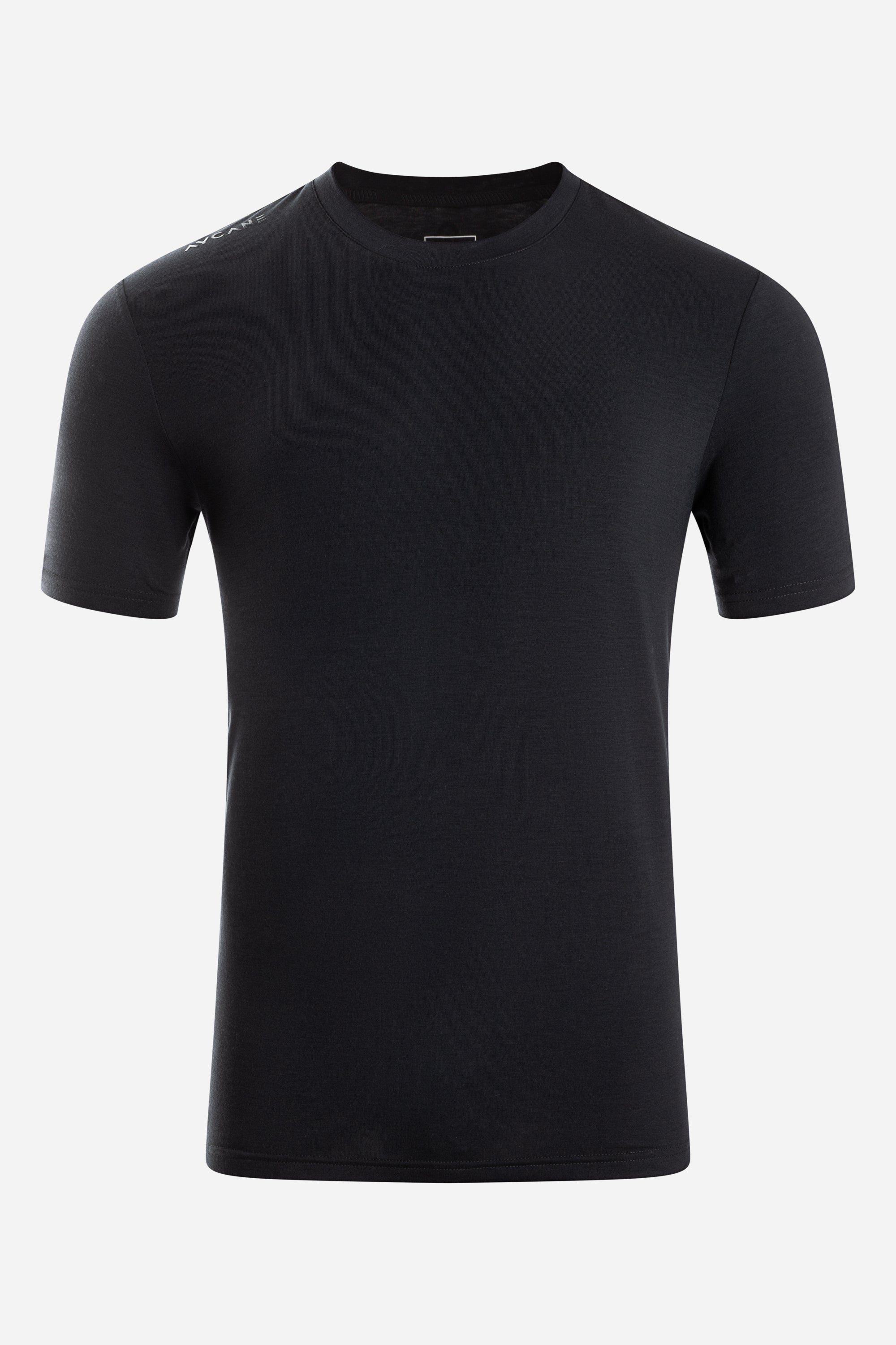 A black short-sleeve crewneck t-shirt displayed on a clean, light gray background.