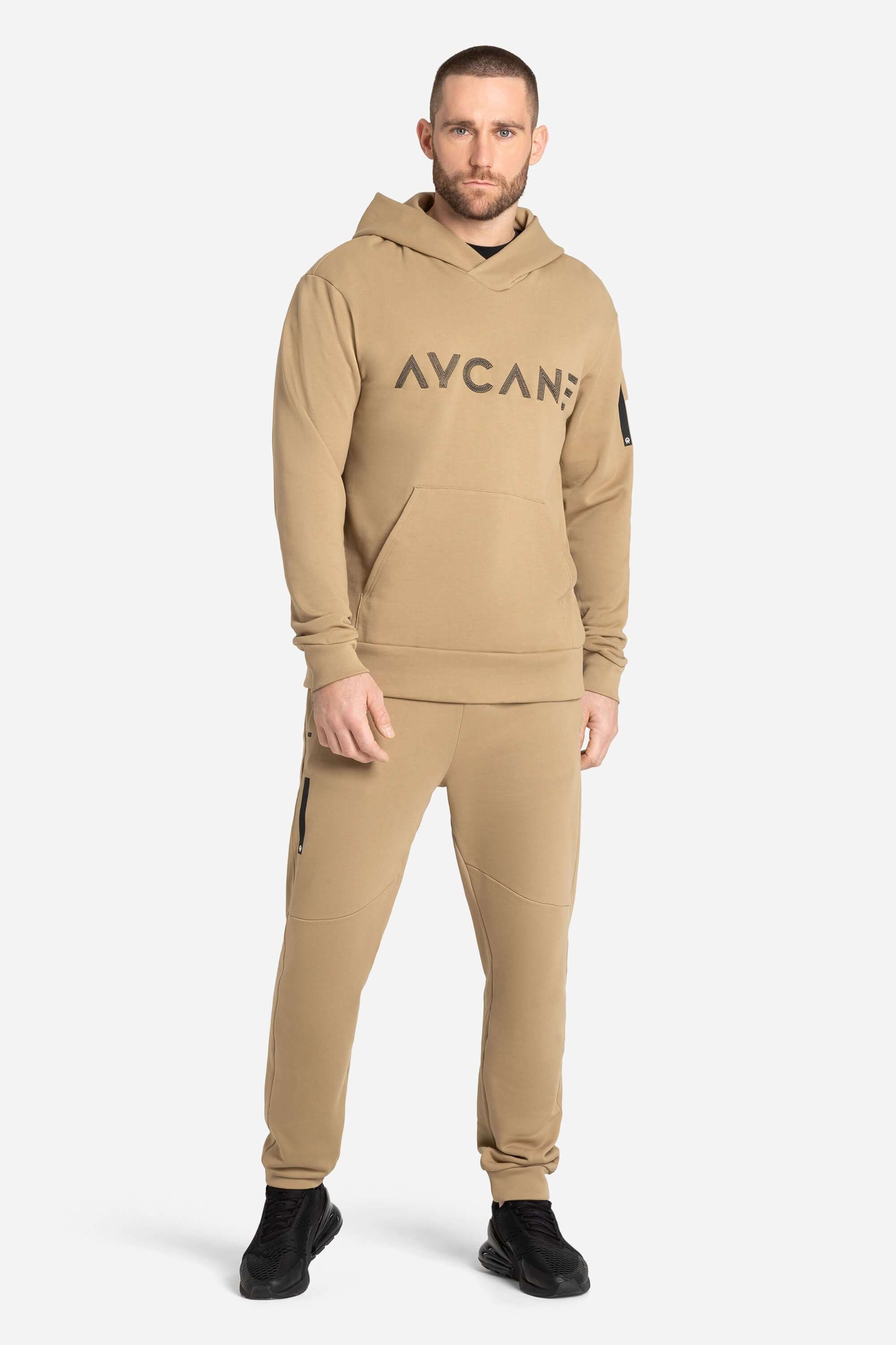 Khaki training and leisure hoodie with AYCANE logo in black 
