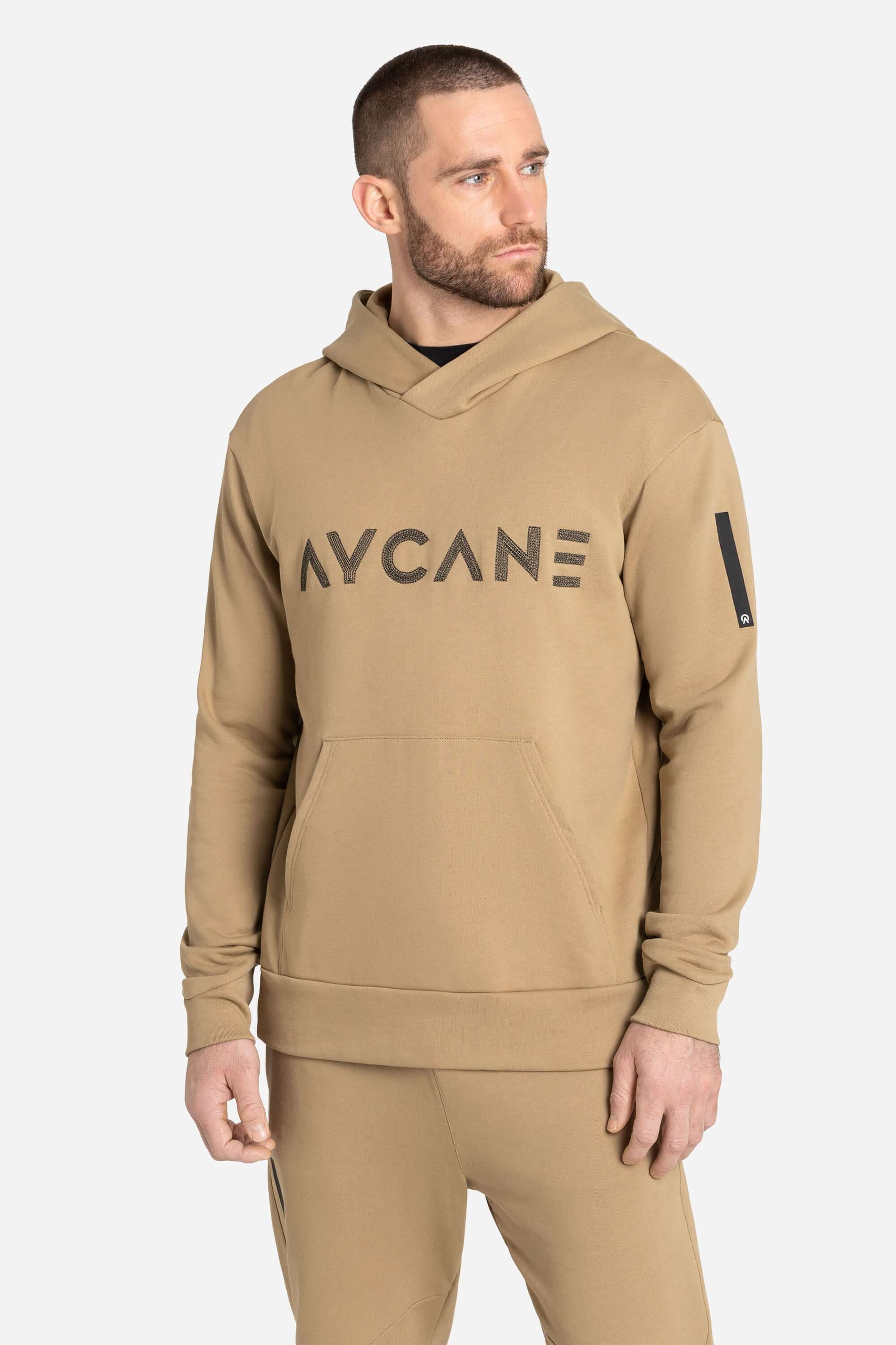 Khaki training and leisure hoodie with AYCANE logo in black 