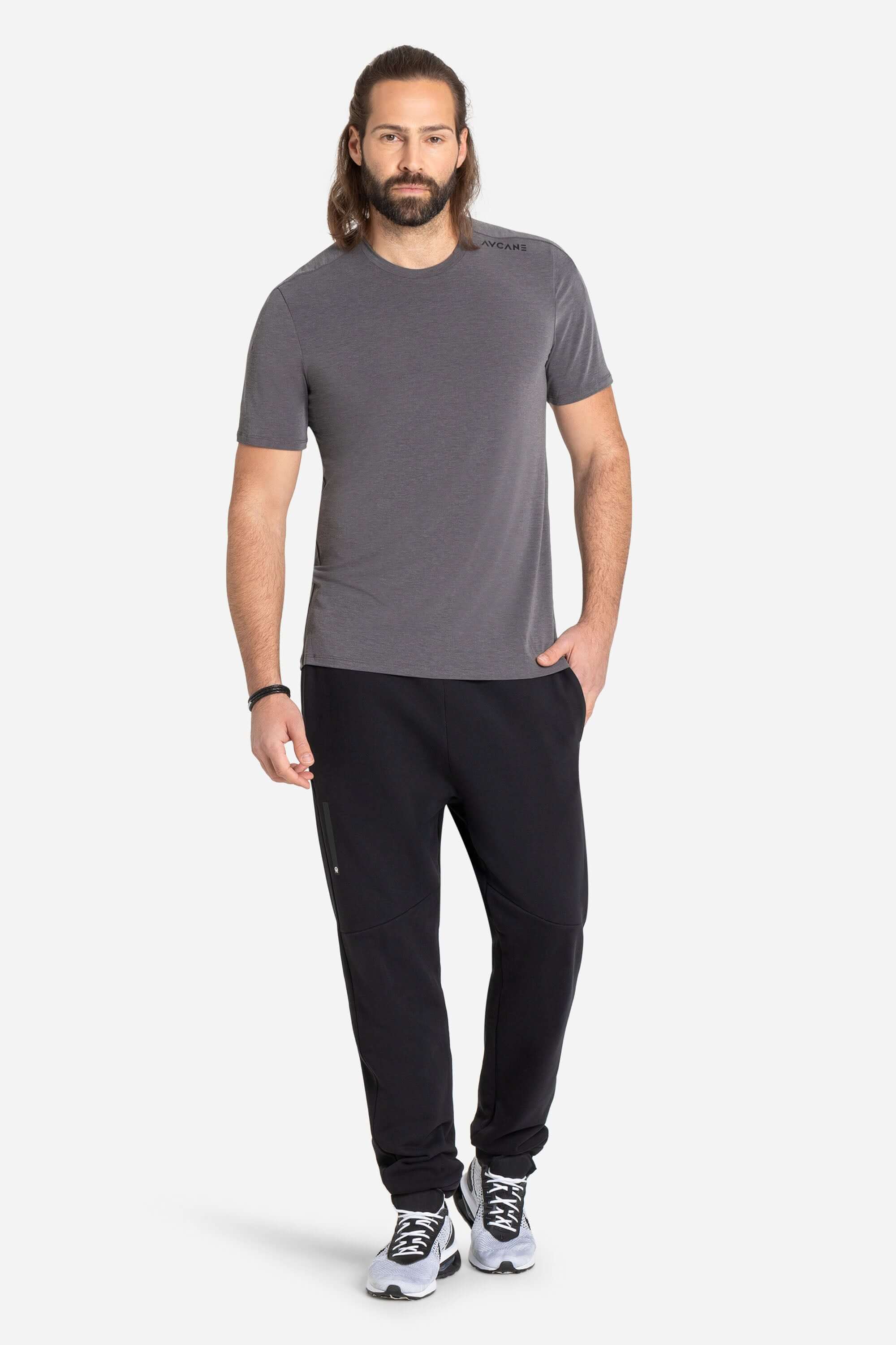Men in black joggers and grey t-shirt for training or leisure from AYCANE