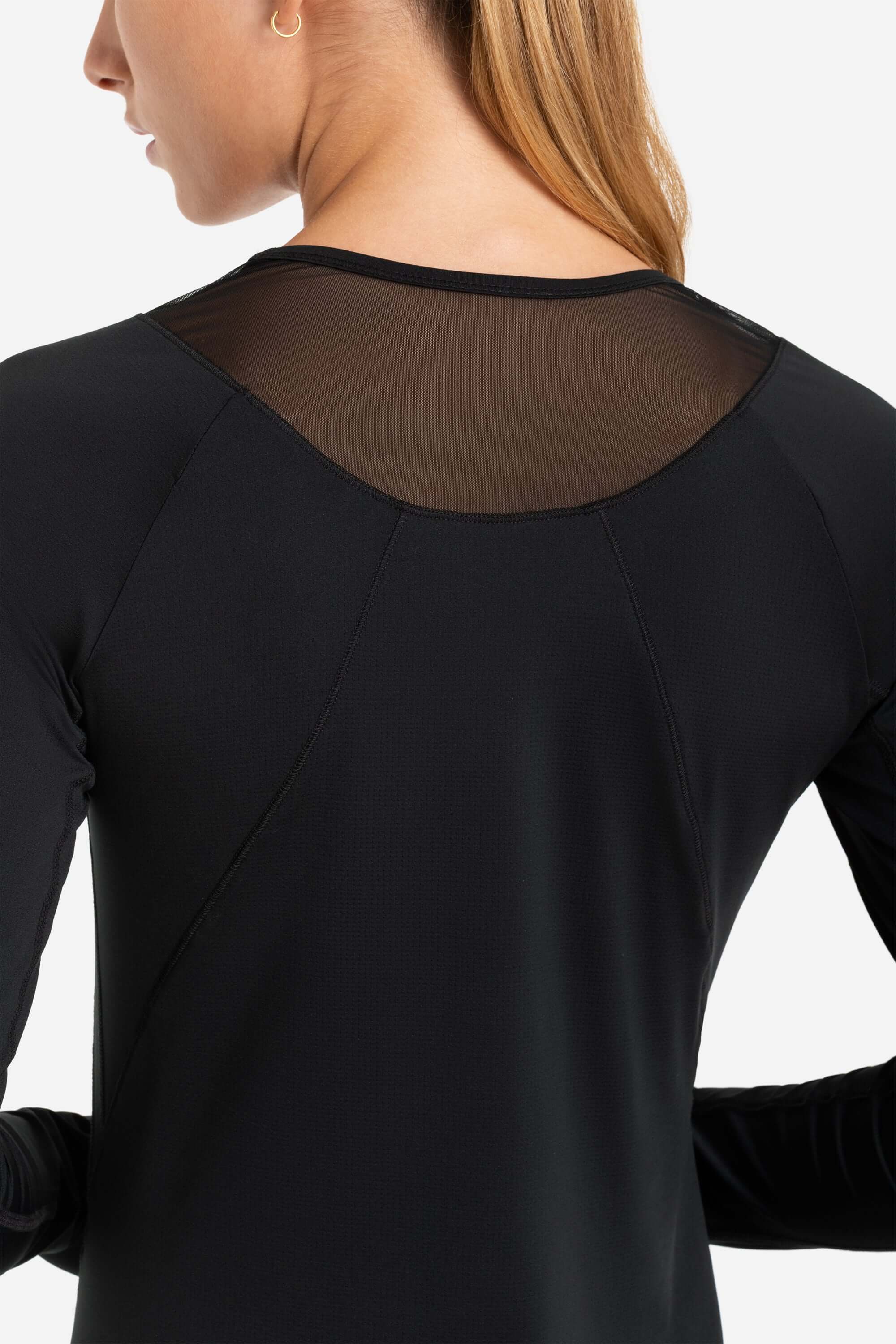 Women black long sleeve t-shirt with mesh 