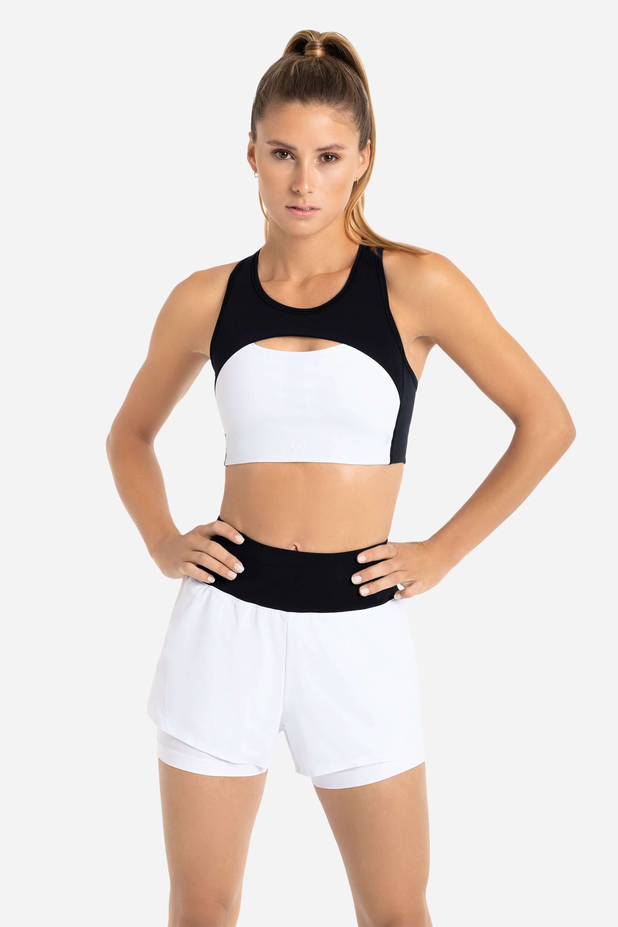 Women workout and gym sports bra and shorts white - black