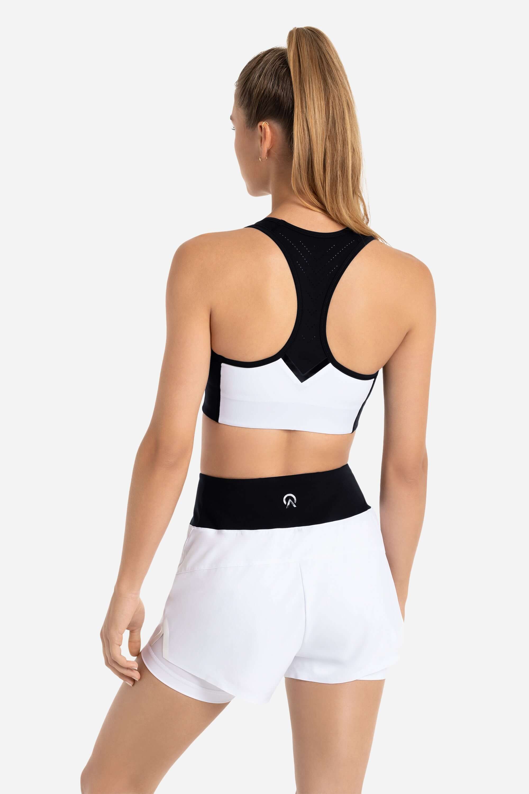 Women workout and gym sports bra and shorts white - black