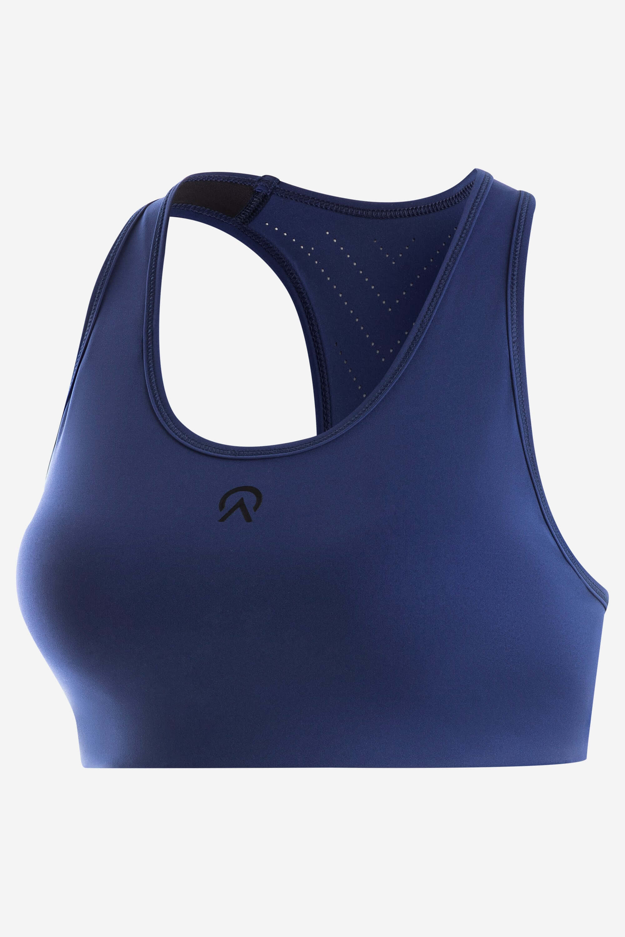 Blue training sports bra in with laser cut holes in the back